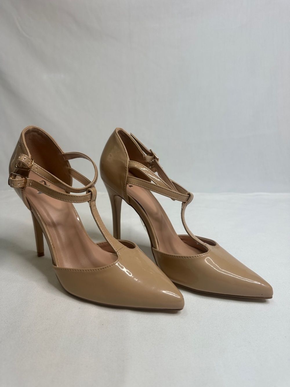 Nude Patent T-Strap Pointed Stiletto Heels